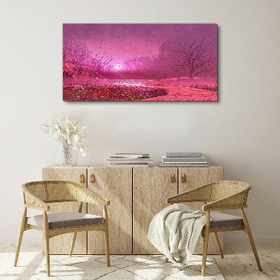 Pink fog over the spring landscape Print on canvas