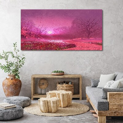 Pink fog over the spring landscape Print on canvas