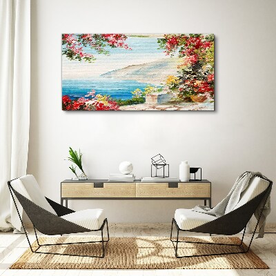 Summer seaside landscape with flowers Print on canvas