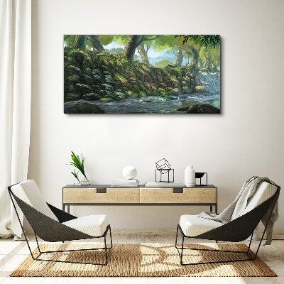Green corner with a waterfall Print on canvas