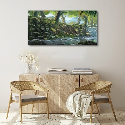 Green corner with a waterfall Print on canvas