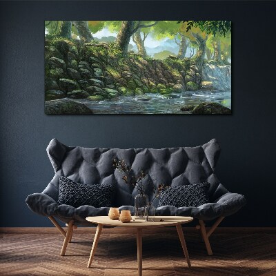 Green corner with a waterfall Print on canvas