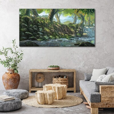 Green corner with a waterfall Print on canvas