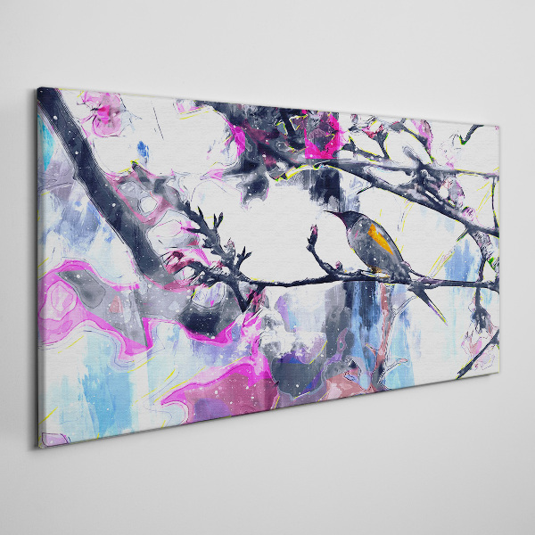 Colorful bird on a background of flowers Canvas wall art