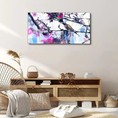 Colorful bird on a background of flowers Canvas wall art