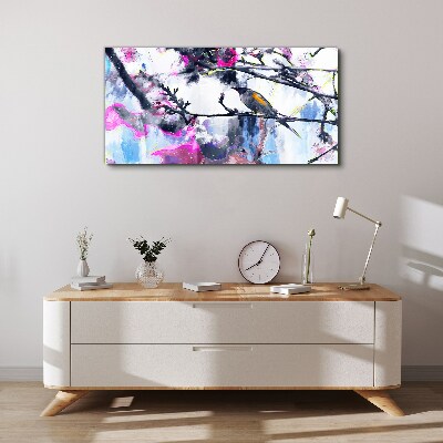 Colorful bird on a background of flowers Canvas wall art