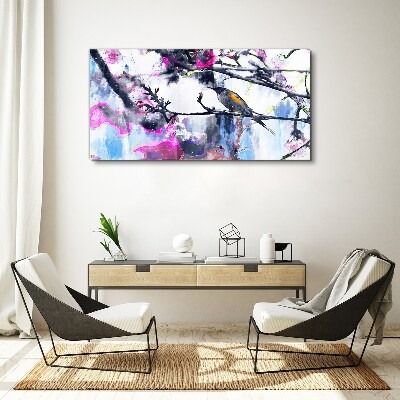 Colorful bird on a background of flowers Canvas wall art