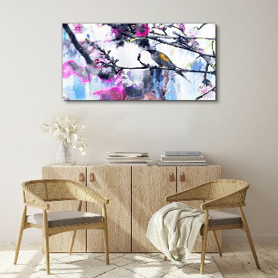 Colorful bird on a background of flowers Canvas wall art