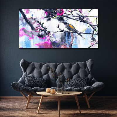 Colorful bird on a background of flowers Canvas wall art
