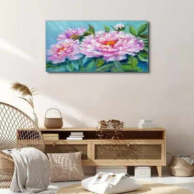 Pink peonies on a blue background Print on canvas