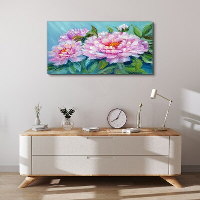 Pink peonies on a blue background Print on canvas