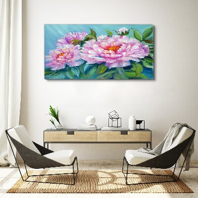 Pink peonies on a blue background Print on canvas