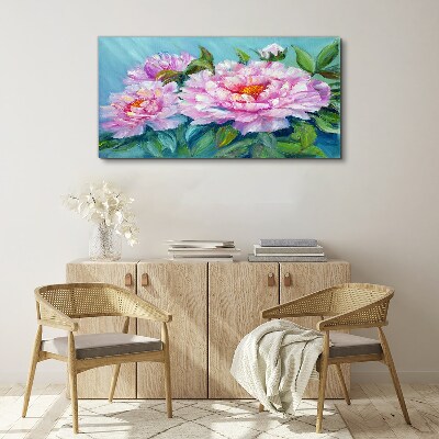 Pink peonies on a blue background Print on canvas