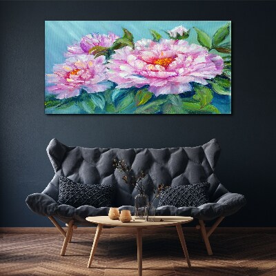 Pink peonies on a blue background Print on canvas