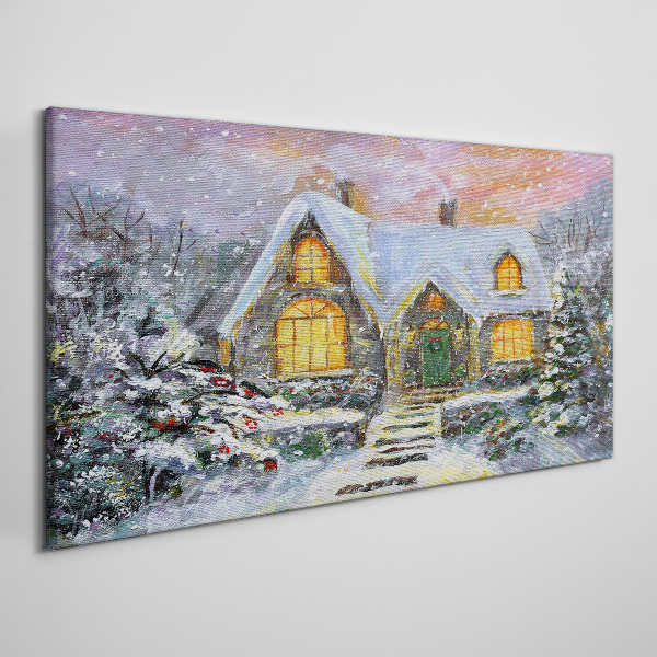 Winter landscape with a house in the forest Print on canvas