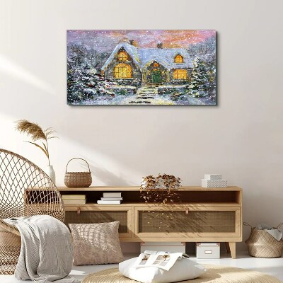 Winter landscape with a house in the forest Print on canvas