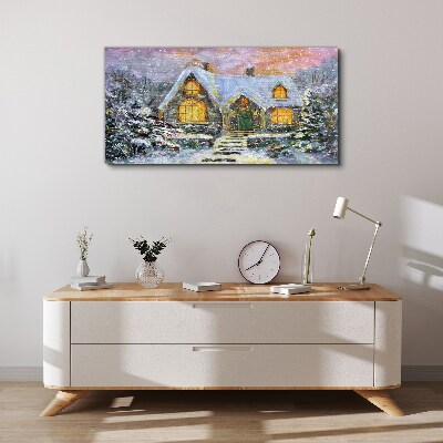 Winter landscape with a house in the forest Print on canvas