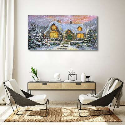 Winter landscape with a house in the forest Print on canvas
