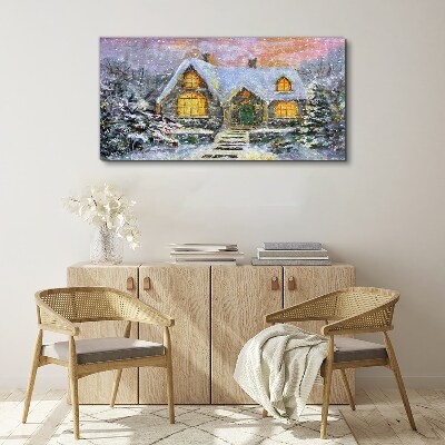 Winter landscape with a house in the forest Print on canvas