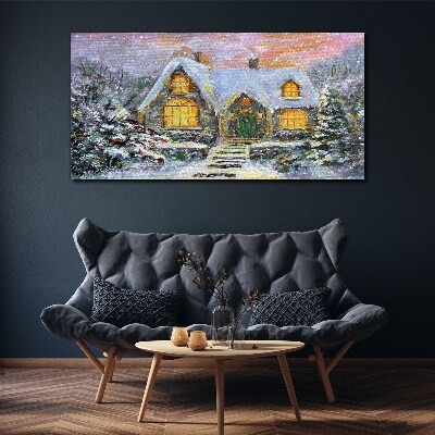 Winter landscape with a house in the forest Print on canvas