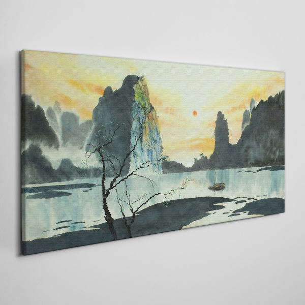 A peaceful landscape with a mountain and a boat Print on canvas