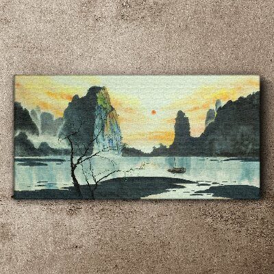 A peaceful landscape with a mountain and a boat Print on canvas