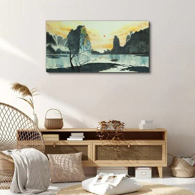 A peaceful landscape with a mountain and a boat Print on canvas