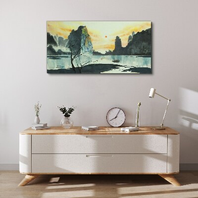A peaceful landscape with a mountain and a boat Print on canvas