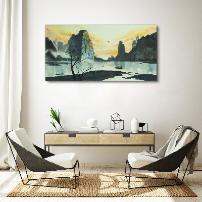 A peaceful landscape with a mountain and a boat Print on canvas