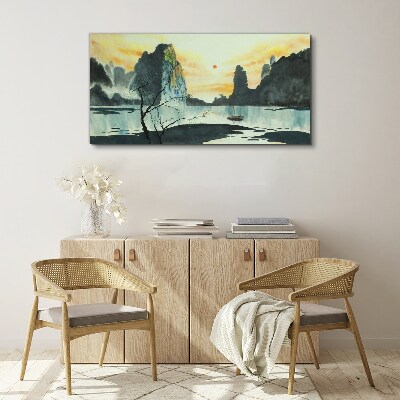 A peaceful landscape with a mountain and a boat Print on canvas
