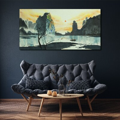 A peaceful landscape with a mountain and a boat Print on canvas