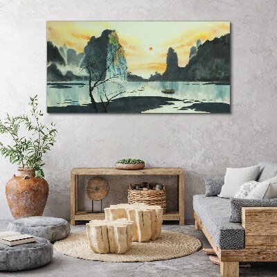 A peaceful landscape with a mountain and a boat Print on canvas