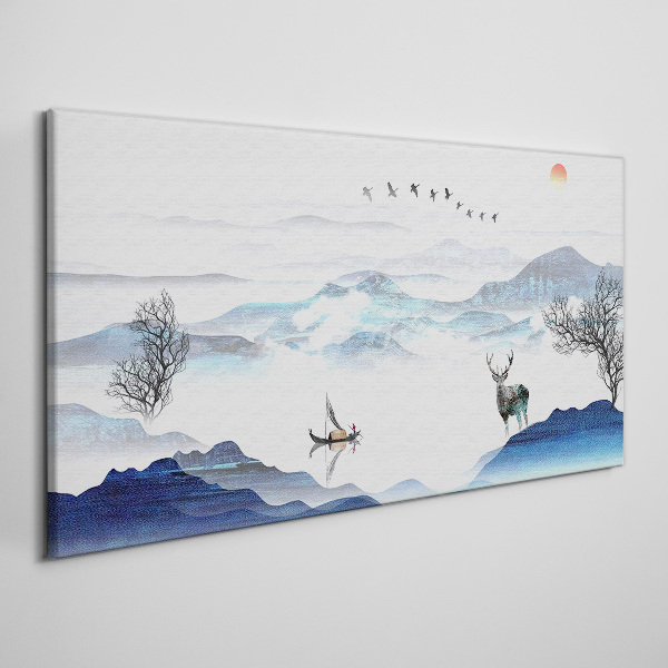 A peaceful mountain landscape with a deer Print on canvas