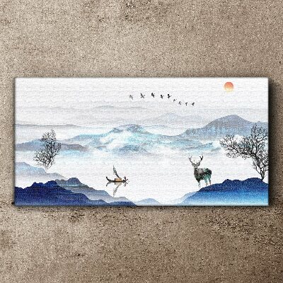 A peaceful mountain landscape with a deer Print on canvas