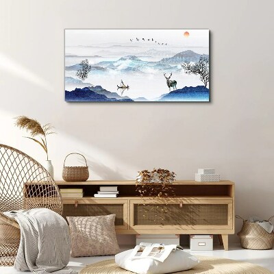 A peaceful mountain landscape with a deer Print on canvas