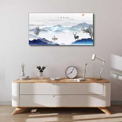 A peaceful mountain landscape with a deer Print on canvas