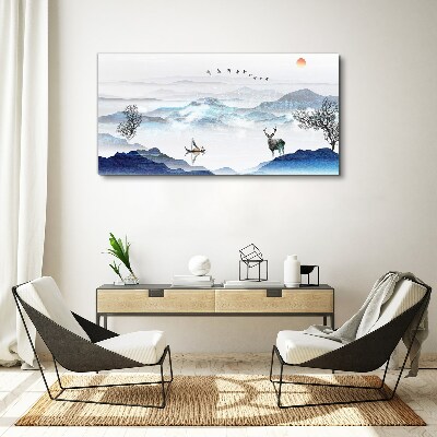 A peaceful mountain landscape with a deer Print on canvas