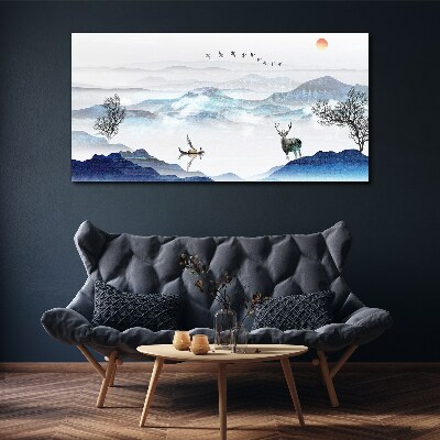 A peaceful mountain landscape with a deer Print on canvas