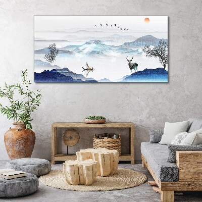 A peaceful mountain landscape with a deer Print on canvas