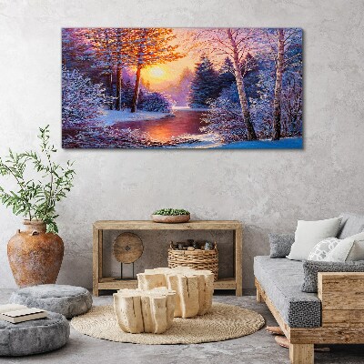 Winter twilight over the river Canvas wall art