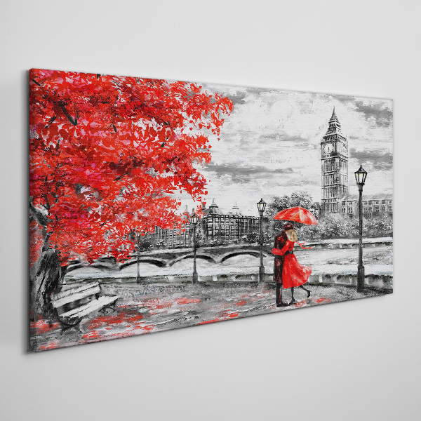 Red umbrella in rainy London Canvas wall art