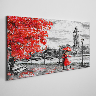 Red umbrella in rainy London Canvas wall art