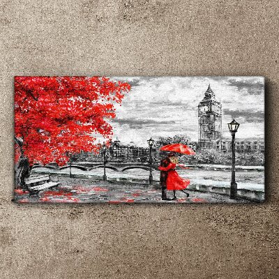 Red umbrella in rainy London Canvas wall art