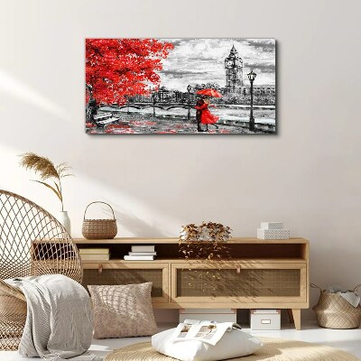 Red umbrella in rainy London Canvas wall art
