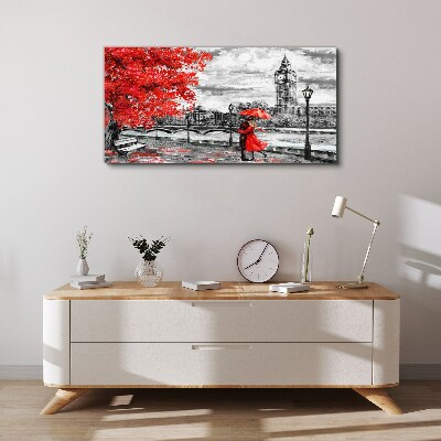 Red umbrella in rainy London Canvas wall art