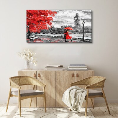 Red umbrella in rainy London Canvas wall art