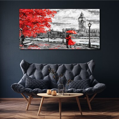 Red umbrella in rainy London Canvas wall art