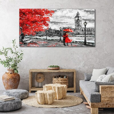 Red umbrella in rainy London Canvas wall art