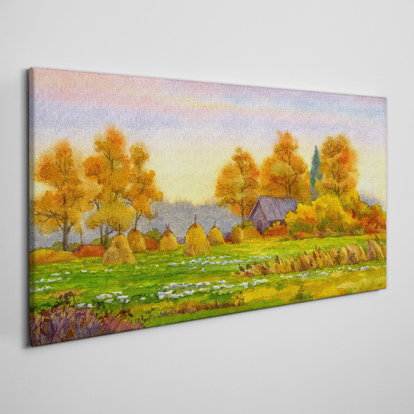 Autumn village with orchard and stacks Canvas wall art