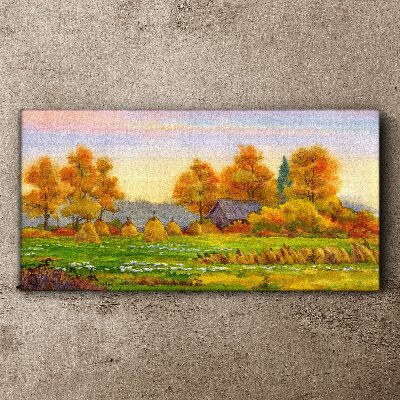 Autumn village with orchard and stacks Canvas wall art